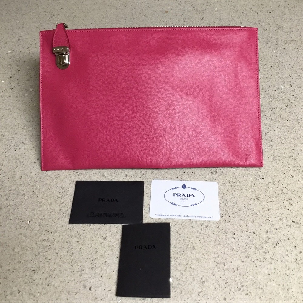 Saffiano leather pink Prada clutch